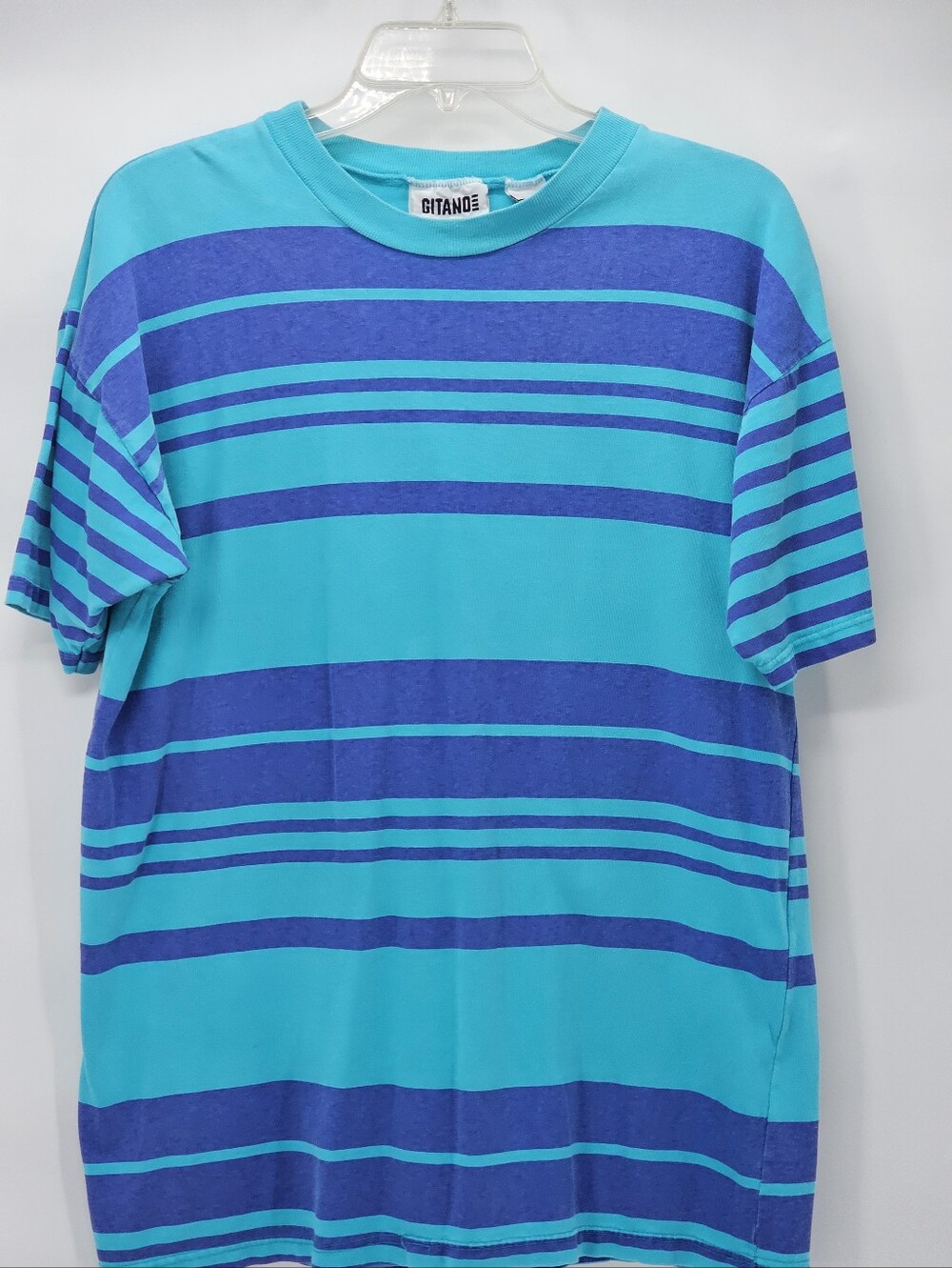 80s Gitano Men's Turquoise & Blue Striped Tee